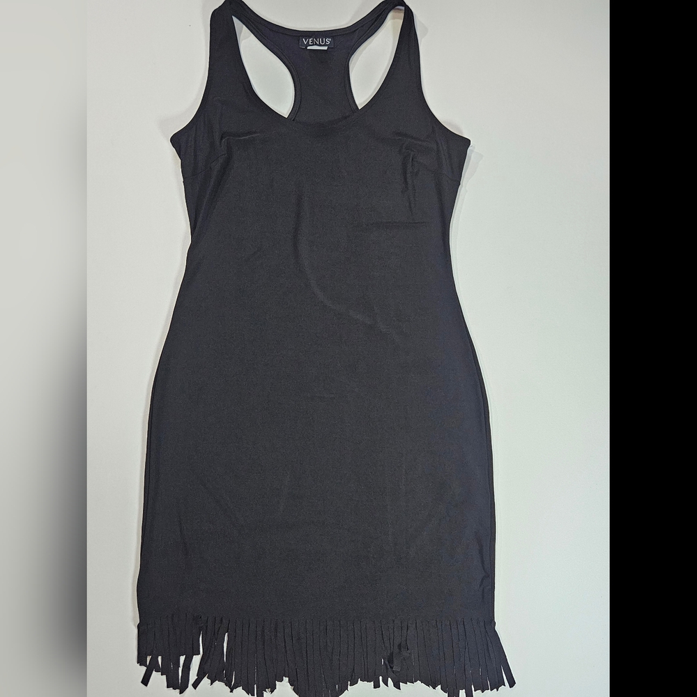 Venus Slip Dress Womens Small Black Racerback Fringe Hem Whimsy Goth Cocktail